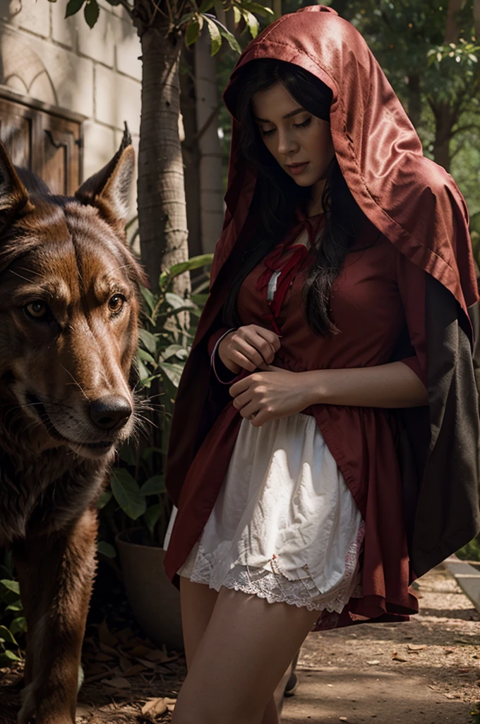 (damsel in distress)(multiple subjects, extreme complexity)(subject 1: a young woman ,belledel, torn red miniskirt, red fishnet top (damaged), red fishnet thigh high stockings (damaged), no underwear, twin pigtails with red high lights) running terrified through a dark haunted forest, (Subject 2: hungry monster, a werewolf (Big scary wolf man (black fur, yellow eyes) with tatters of red fabric on his claws)) chasing her, cinematic lighting, dramatic scene, detailed facial features, beautiful eyes, photorealistic, dark fantasy, (best quality,8k,highres,masterpiece:1.2),ultra-detailed,(realistic,photorealistic,photo-realistic:1.37),dramatic lighting,moody atmosphere,detailed textures,haunting,cinematic
