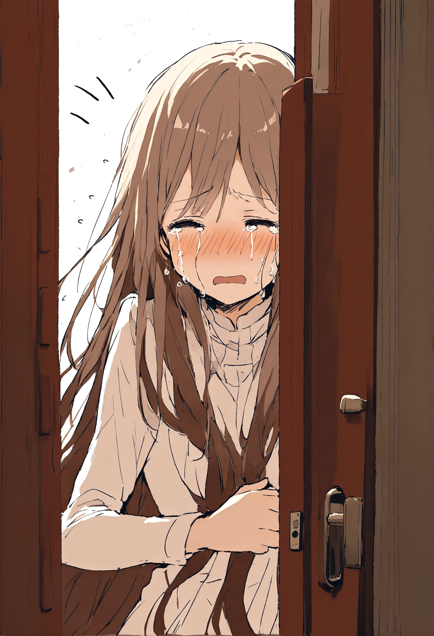 Passing by,broken的门框,((Push door action)),Fragments,Sad expression,Tears,beautiful,Long hair,((broken的镜片)),broken