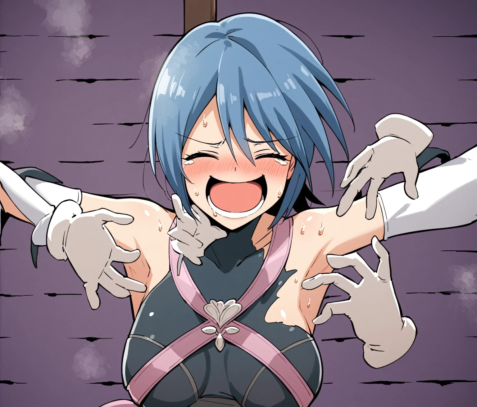 an extremely delicate and beautiful girls with her arms up,(laughing:1.4),(big mouth:1.1),open mouth,happy,(frown:1.3),(pain face),crazy smile,blush,sweat,(white gloves),(her armpits tickling with white gloves),White gloves tickling girl's armpits,((trembling)),tears,drooling,(((masterpiece))), (((best quality))), (official art), ((extremely detailed CG unity 8k wallpaper)), (Best character details), ((ultra-detailed)), (illustration), (dynamic angle),
