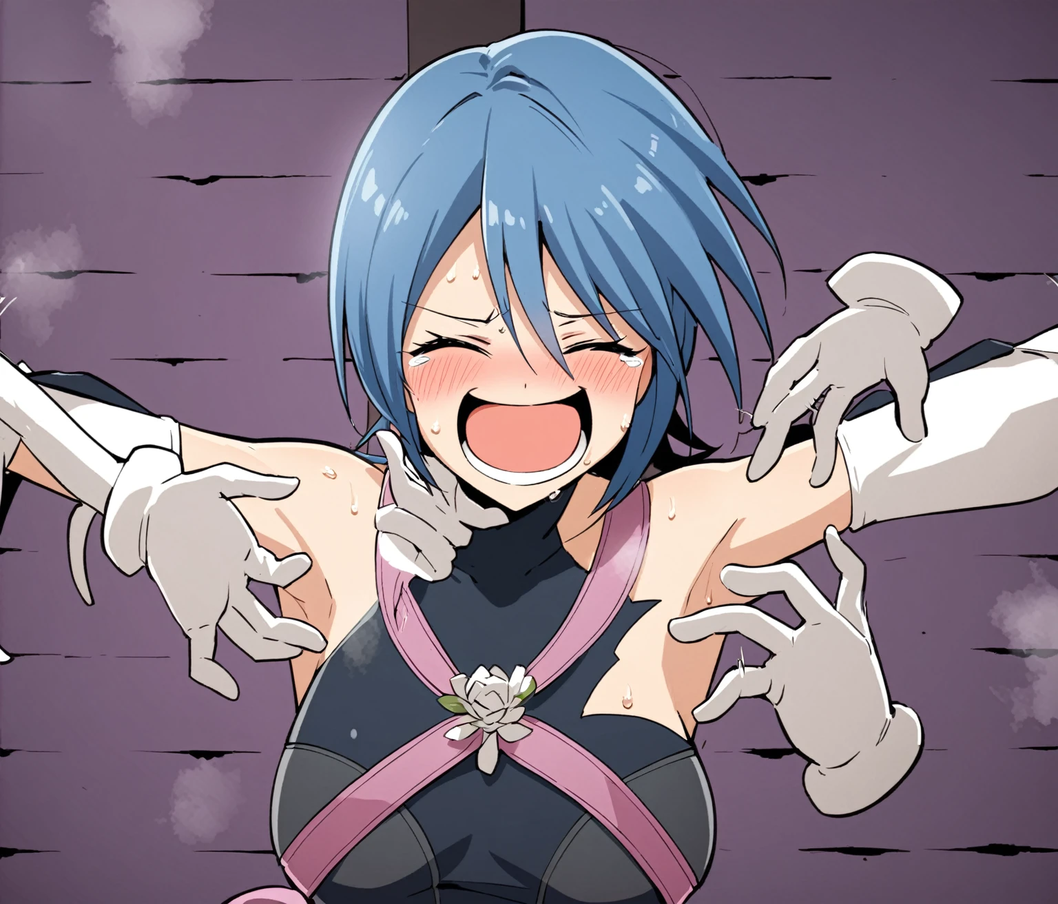 an extremely delicate and beautiful girls with her arms up,(laughing:1.4),(big mouth:1.1),open mouth,happy,(frown:1.3),(pain face),crazy smile,blush,sweat,(white gloves),(her armpits tickling with white gloves),White gloves tickling girl's armpits,((trembling)),tears,drooling,(((masterpiece))), (((best quality))), (official art), ((extremely detailed CG unity 8k wallpaper)), (Best character details), ((ultra-detailed)), (illustration), (dynamic angle),