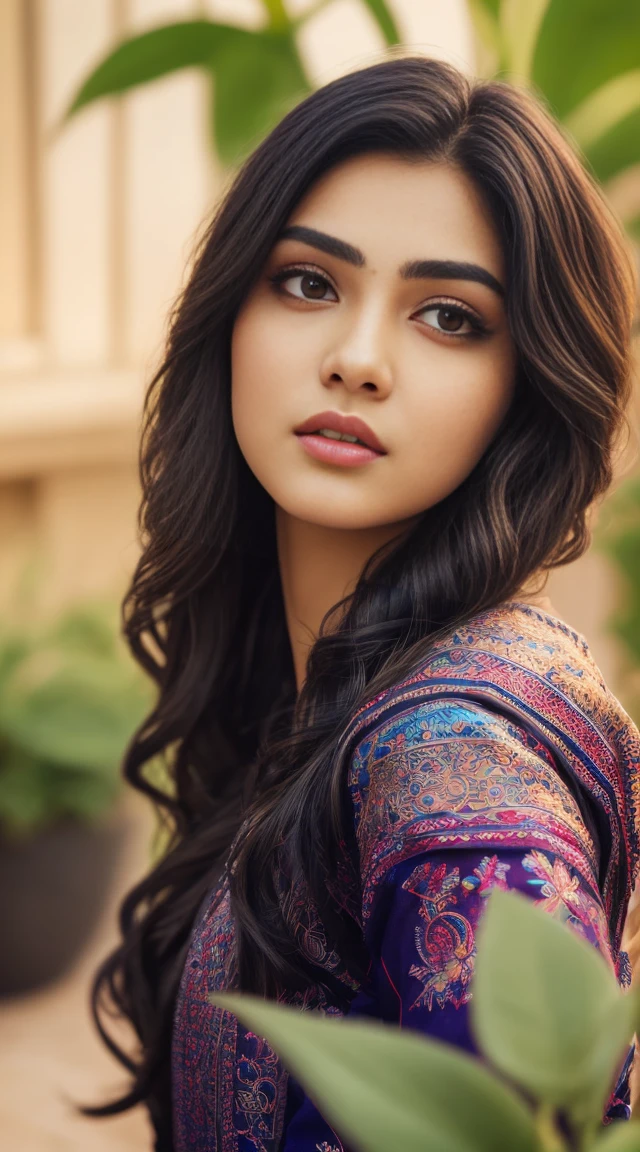 ultra-realistic photograph, Indian Instagram female model, mid 20s,9:16,mid-shot,beautiful detailed eyes, detailed lips ,long eyelashes, black curly hair, naturally full eyebrows, perfectly formed nose, expressive face, attractive appearance, confident and elegant posture, graceful movement, vibrant and colorful dress, rich and intricate embroidery, garden background, serene and natural atmosphere, stunning architecture, soft and natural lighting, vivid colors, photorealistic, HDR, high-res, studio lighting, ultra-detailed, bokeh