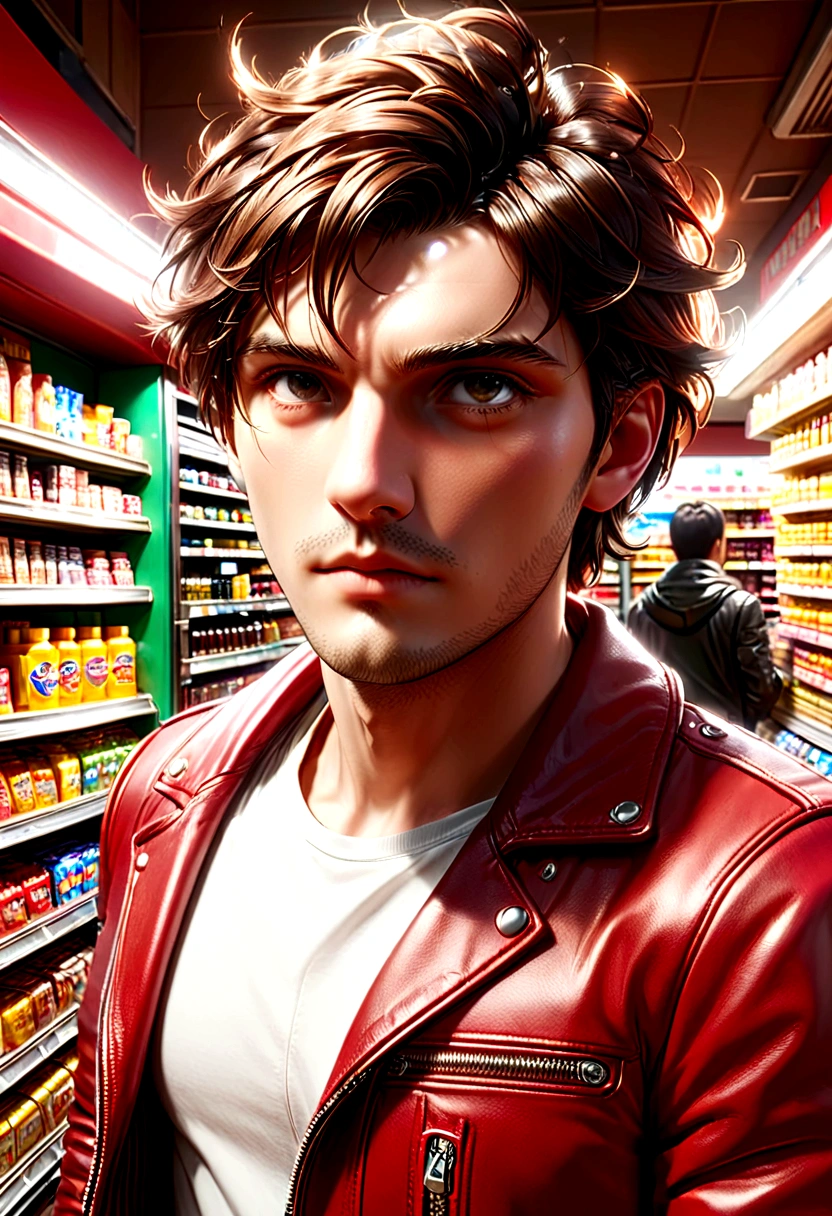 a handsome man in a red leather jacket, in a convenience store, ready for action, upper body, close up, (looking at camera), (candid, amateur), (raw, 8k, uhd, fujifilm xt3),  