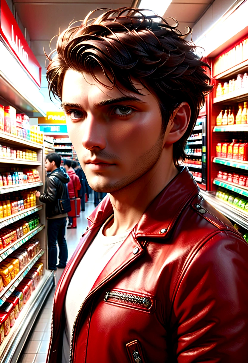 a handsome man in a red leather jacket, in a convenience store, ready for action, upper body, close up, (looking at camera), (candid, amateur), (raw, 8k, uhd, fujifilm xt3),  