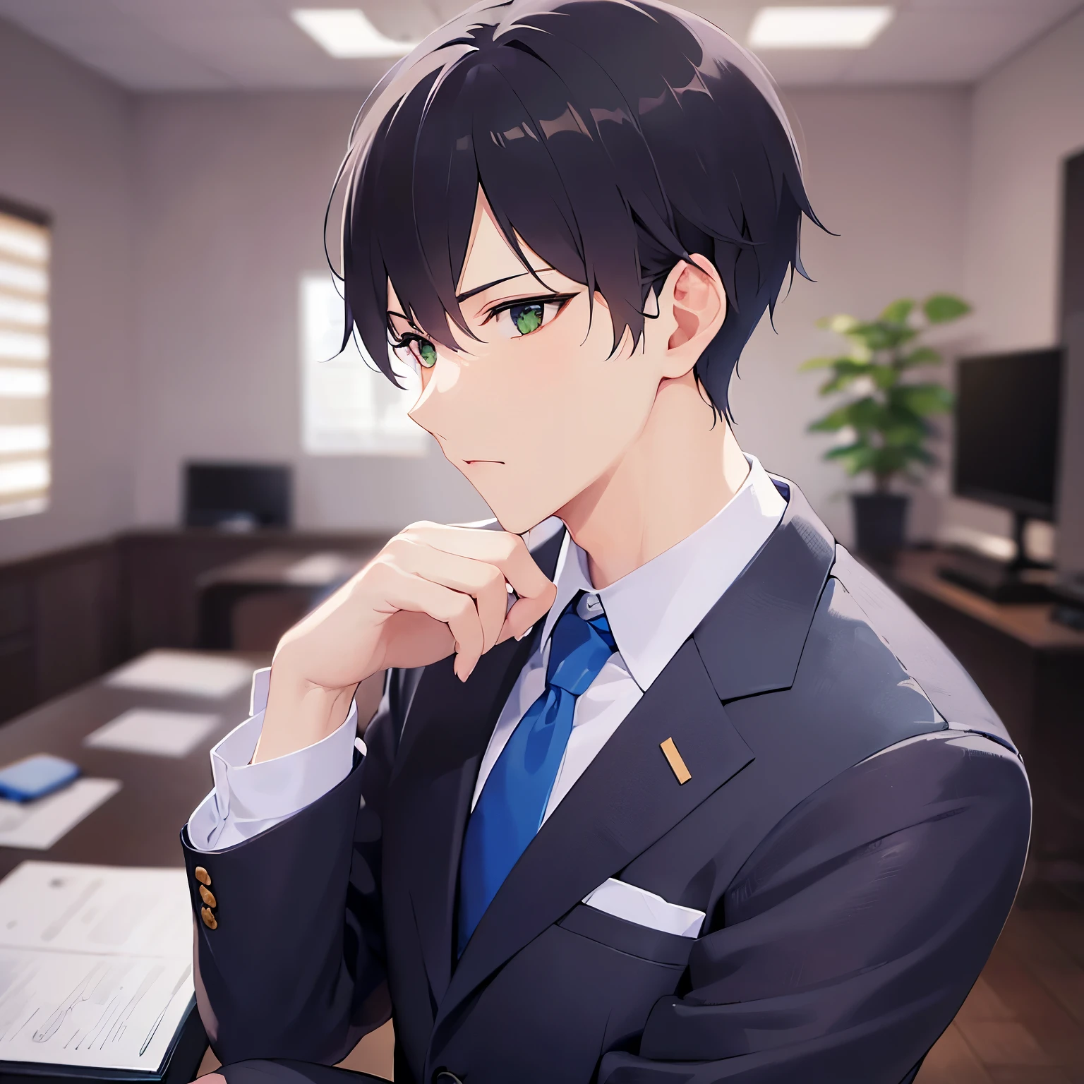 side angle,shiny skin,masterpiece,Highest quality,(A man of 26:1.5)and(Brown short hair)and(Green Eyes),(Wearing a suit:1.3)and(Blue tie),(serious:1.2),The background is inside the company,In front of the desk,(Alone:1.5)