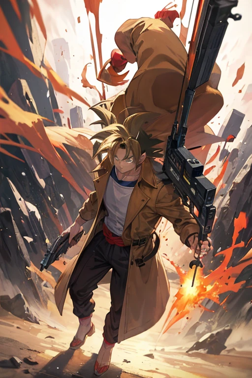 Goku wearing a brown trench coat and having a shotgun on his back