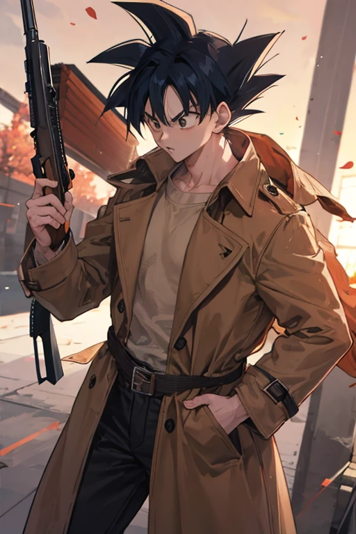 Goku wearing a brown trench coat and having a shotgun on his back