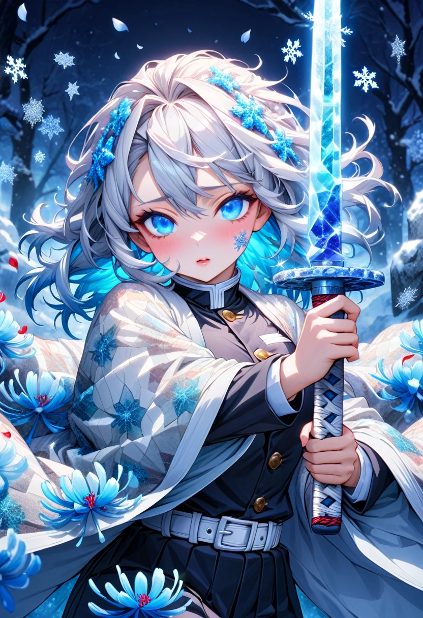 Ultra detailed, highres, absurd, Yùkî Gigaragira, white hair, Cold expressive blue eyes, white haori with patters of snowflakes, black demon slayer uniform, Kimetsu No Yaiba, fantasy, petals, white and blue flowers, beautiful, sexy young lady grabbing a sword, solo, magic, shining snowflakes, blue moon, best quality, extremely detailed face and eyes, snow, grabbing a sword, blue spider lily