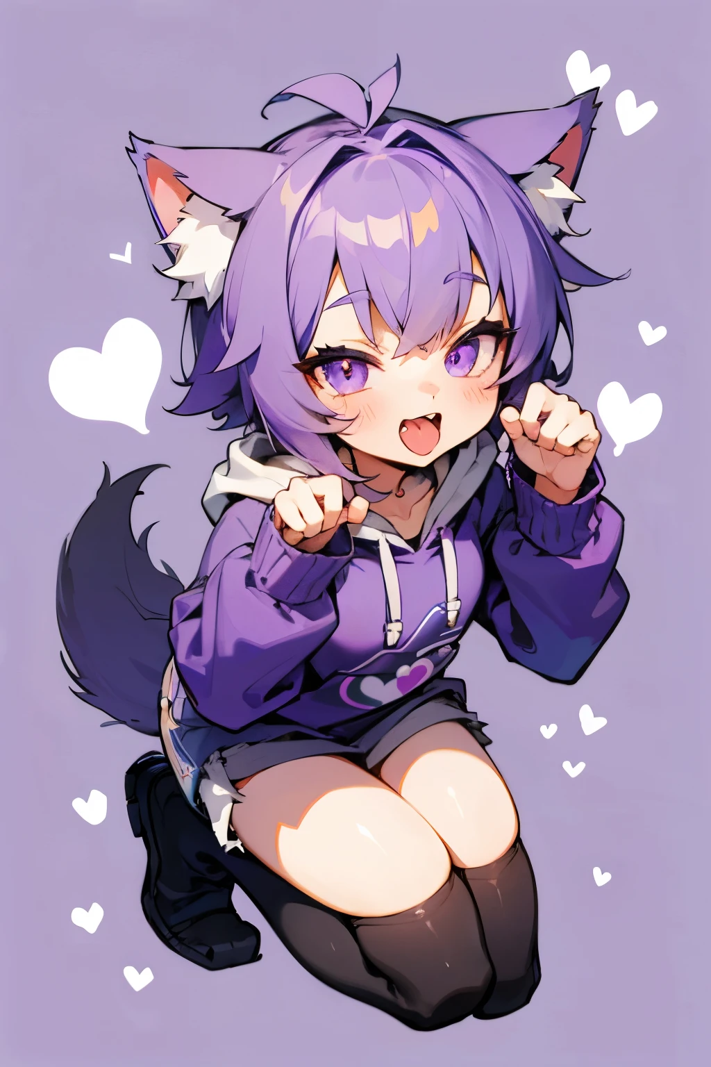 Illustration style cuteness,shota,Wolf,Eyes are hearts,purple,Cute face,Open your mouth,Cat Pose,Double teeth,hoodie, knee high socks, tongue out