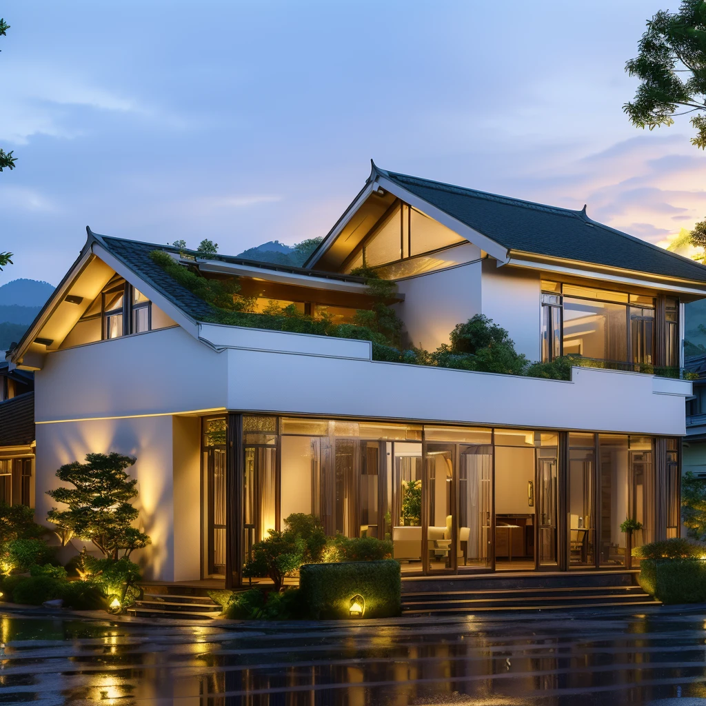 3D render of a beautiful house. The house is adorned with elegant lighting and plants to enhance its exterior appearance in a Vietnam city street, Behind are hills and mountains with clear blue sky. Aerial view of the tranquil garden with lush green grass, winding paths leading to an elegant koi pond surrounded by ornamental fish and tropical plants. This space creates natural beauty that can be used as a serene spot to relax or enjoy nature. The main door is made of aluminum and glass reaching to the ceiling. Ground floor full glass door, The main door is made of art glass, the windows are large and the ceiling is made of glass. Looking into the house through the middle glass window is the living room, the left glass window is the kitchen, the right glass window is the bedroom, interior lighting rendering and lighting effects. It is an architectural rendering with a perspective view and daylight lighting. taken with professional photography techniques, using a wide angle lens with bright natural light and high resolution details, in the style of photorealistic architectural rendering, in the style of professional photograph, hyper realistic, highly detailed.