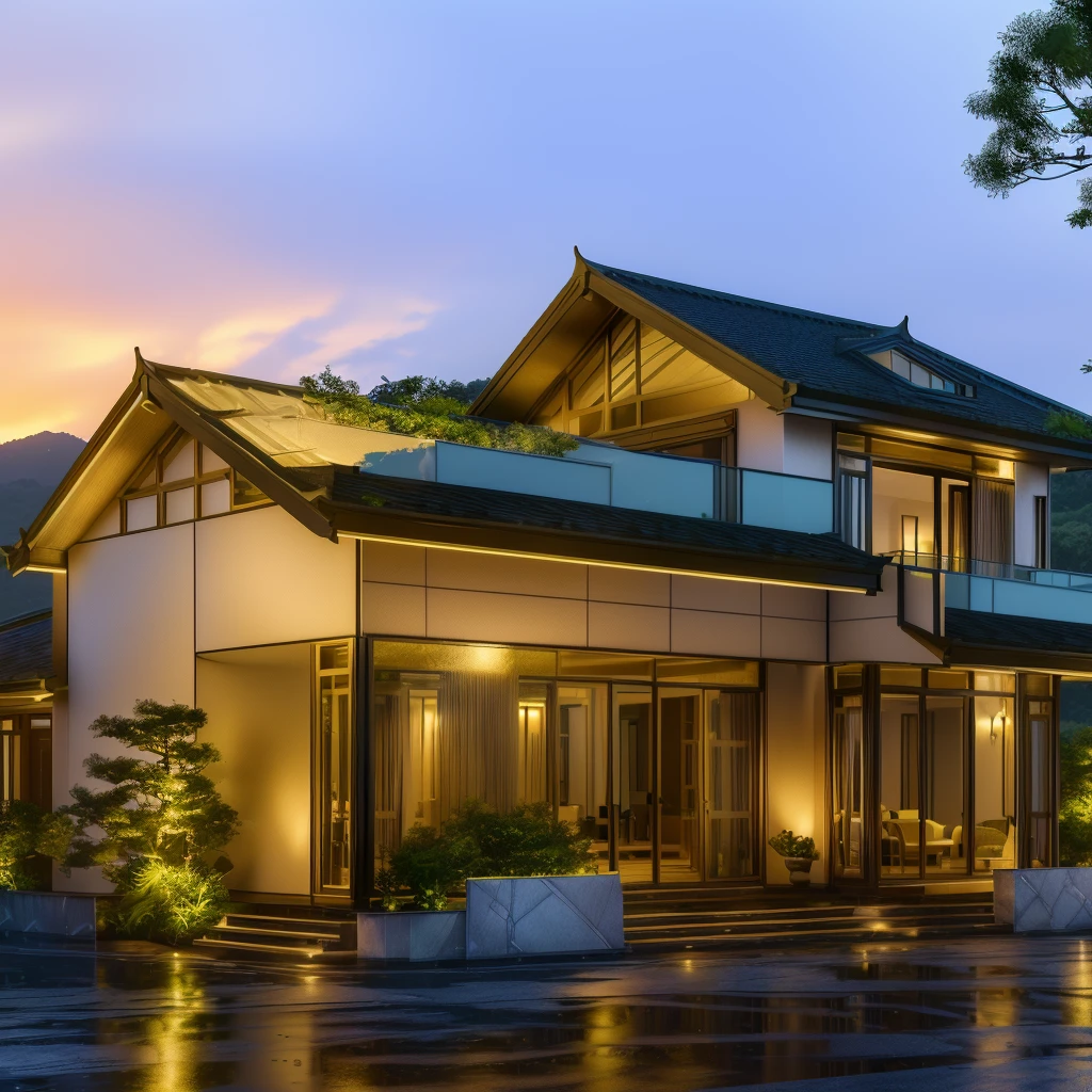 3D render of a beautiful house. The house is adorned with elegant lighting and plants to enhance its exterior appearance in a Vietnam city street, Behind are hills and mountains with clear blue sky. Aerial view of the tranquil garden with lush green grass, winding paths leading to an elegant koi pond surrounded by ornamental fish and tropical plants. This space creates natural beauty that can be used as a serene spot to relax or enjoy nature. The main door is made of aluminum and glass reaching to the ceiling. Ground floor full glass door, The main door is made of art glass, the windows are large and the ceiling is made of glass. Looking into the house through the middle glass window is the living room, the left glass window is the kitchen, the right glass window is the bedroom, interior lighting rendering and lighting effects. It is an architectural rendering with a perspective view and daylight lighting. taken with professional photography techniques, using a wide angle lens with bright natural light and high resolution details, in the style of photorealistic architectural rendering, in the style of professional photograph, hyper realistic, highly detailed.