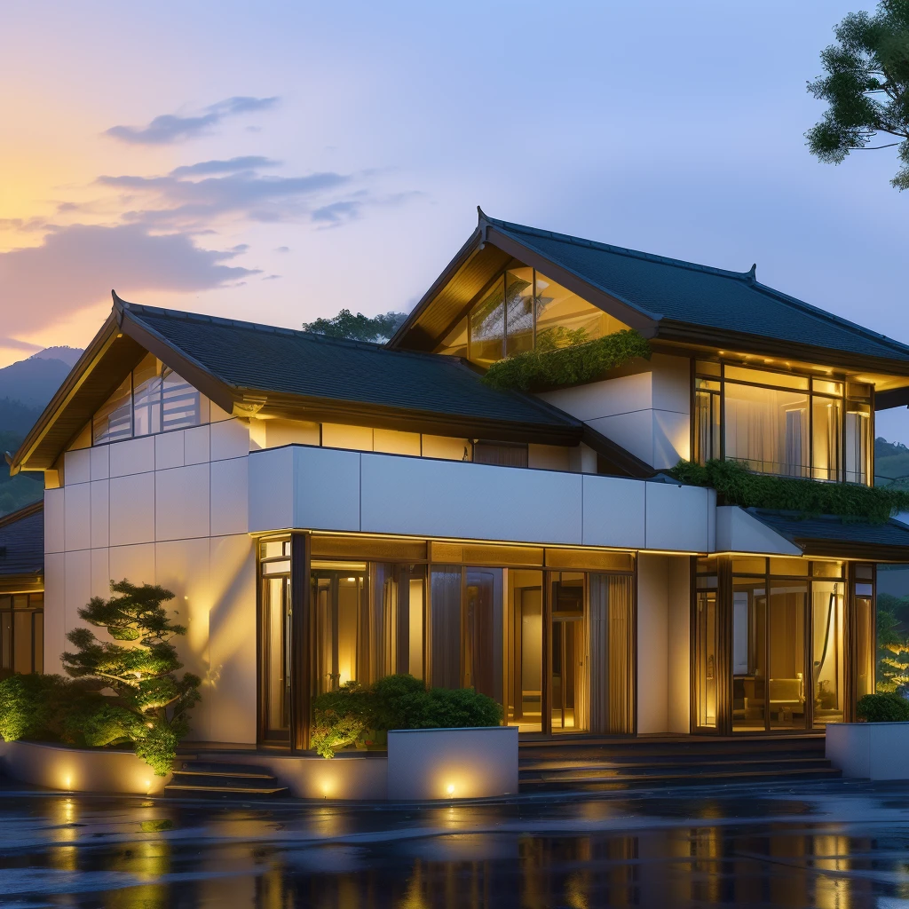 3D render of a beautiful house. The house is adorned with elegant lighting and plants to enhance its exterior appearance in a Vietnam city street, Behind are hills and mountains with clear blue sky. Aerial view of the tranquil garden with lush green grass, winding paths leading to an elegant koi pond surrounded by ornamental fish and tropical plants. This space creates natural beauty that can be used as a serene spot to relax or enjoy nature. The main door is made of aluminum and glass reaching to the ceiling. Ground floor full glass door, The main door is made of art glass, the windows are large and the ceiling is made of glass. Looking into the house through the middle glass window is the living room, the left glass window is the kitchen, the right glass window is the bedroom, interior lighting rendering and lighting effects. It is an architectural rendering with a perspective view and daylight lighting. taken with professional photography techniques, using a wide angle lens with bright natural light and high resolution details, in the style of photorealistic architectural rendering, in the style of professional photograph, hyper realistic, highly detailed.