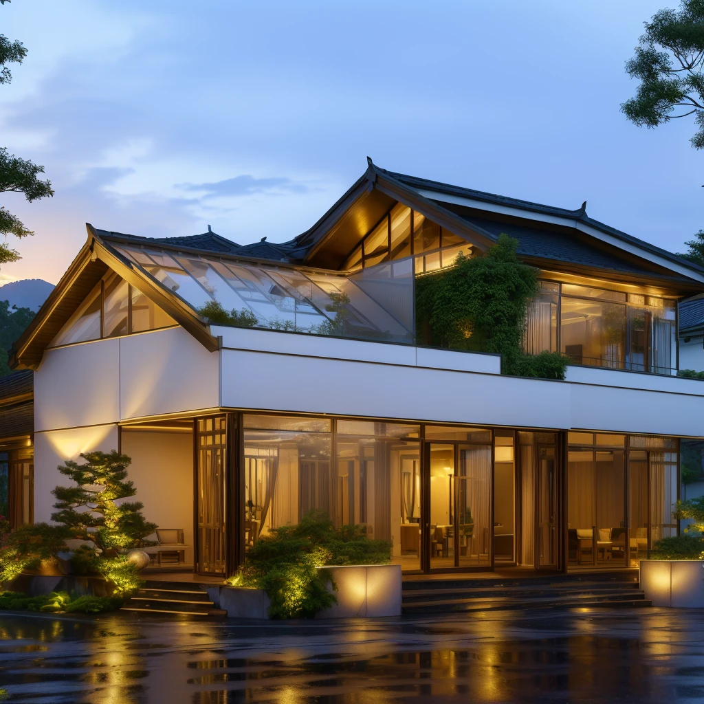 3D render of a beautiful house. The house is adorned with elegant lighting and plants to enhance its exterior appearance in a Vietnam city street, Behind are hills and mountains with clear blue sky. Aerial view of the tranquil garden with lush green grass, winding paths leading to an elegant koi pond surrounded by ornamental fish and tropical plants. This space creates natural beauty that can be used as a serene spot to relax or enjoy nature. The main door is made of aluminum and glass reaching to the ceiling. Ground floor full glass door, The main door is made of art glass, the windows are large and the ceiling is made of glass. Looking into the house through the middle glass window is the living room, the left glass window is the kitchen, the right glass window is the bedroom, interior lighting rendering and lighting effects. It is an architectural rendering with a perspective view and daylight lighting. taken with professional photography techniques, using a wide angle lens with bright natural light and high resolution details, in the style of photorealistic architectural rendering, in the style of professional photograph, hyper realistic, highly detailed.