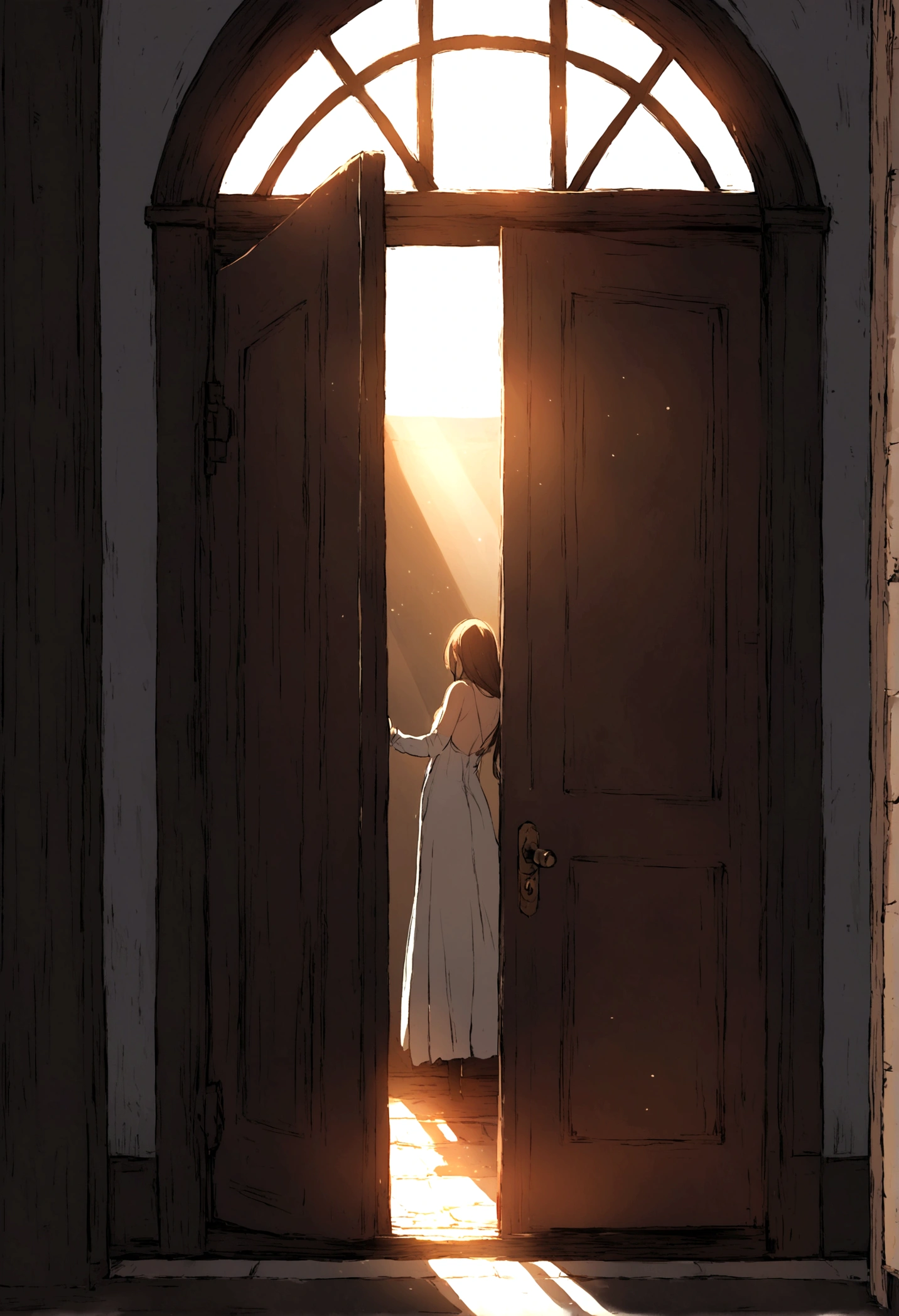 Passing by,Broken door frame,Push open the door,The sunlight shines into the dark room through the door