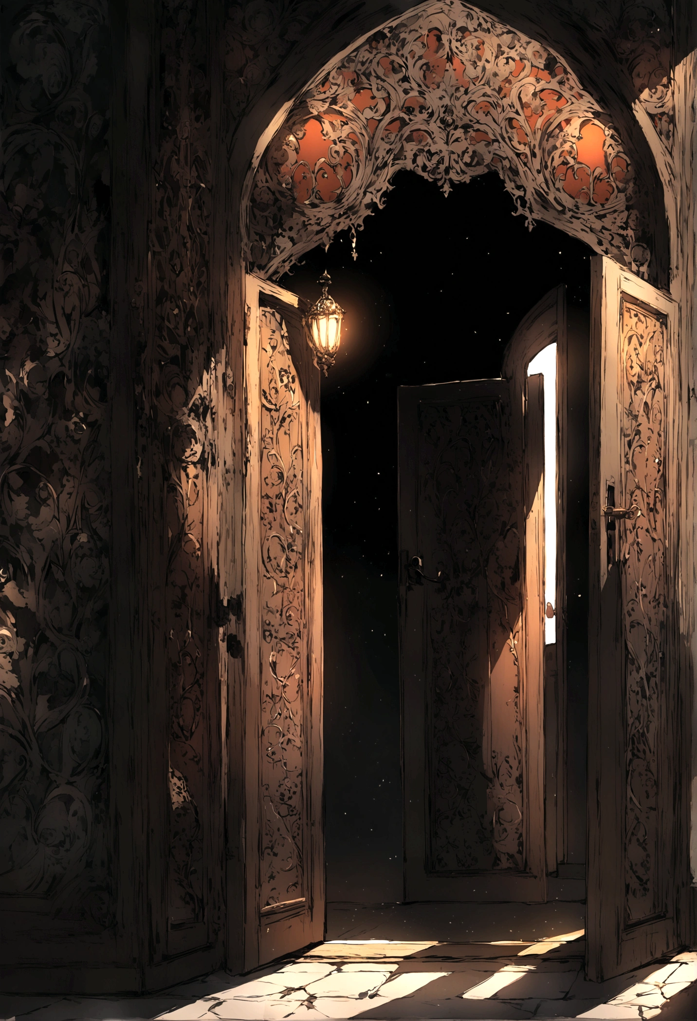 Passing by,Broken door frame,Push open the door,The sunlight shines into the dark room through the door