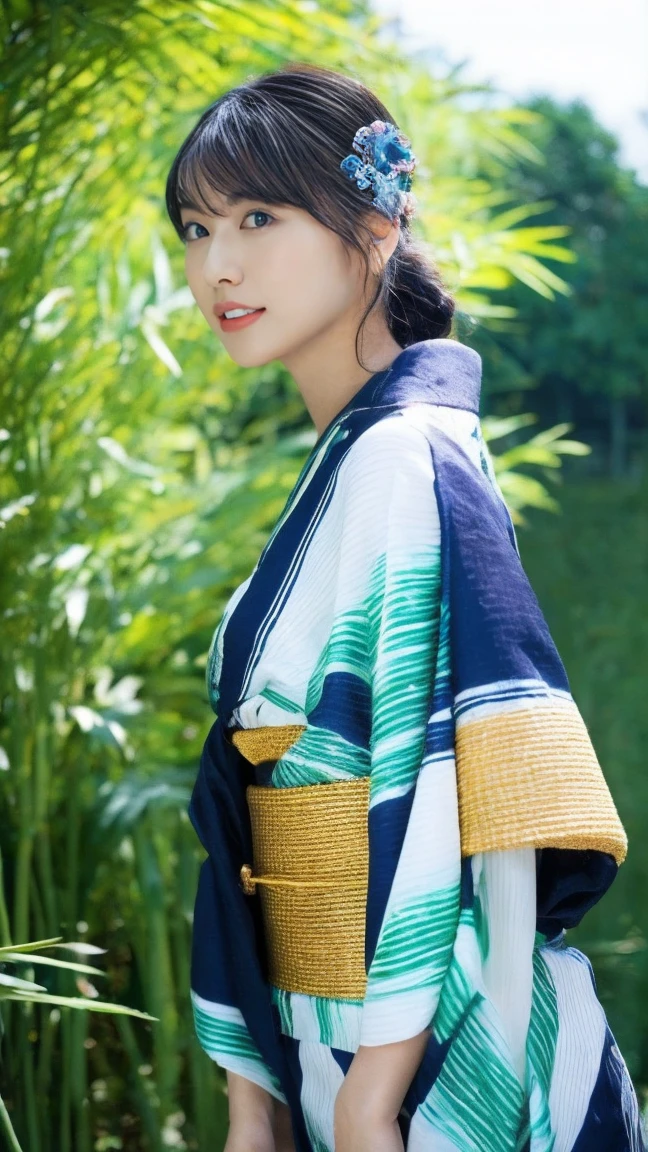 (masterpiece, Highest quality, High resolution:1.4), wallpaper, whole body, One girl, Long Hair, (Blue Hair:1.0), (Black Hair:1.0), Green Eyes, Multicolored Hair, Gradient Hair, Large Breasts, Turn to the side, yukata , Have a popper, night, Hair Clip, bangs,background:七夕のnightの風景:The bamboo leaves are decorated with strips of paper.、星空が広がるnight空が見える。