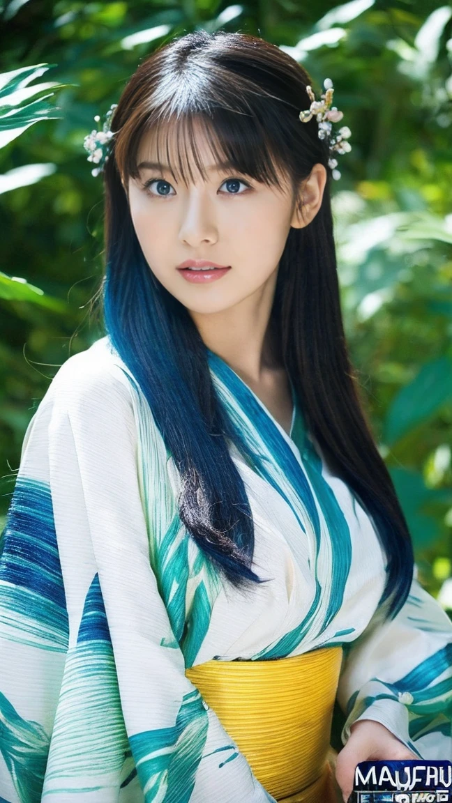 (masterpiece, Highest quality, High resolution:1.4), wallpaper, whole body, One girl, Long Hair, (Blue Hair:1.0), (Black Hair:1.0), Green Eyes, Multicolored Hair, Gradient Hair, Large Breasts, Turn to the side, yukata , Have a popper, night, Hair Clip, bangs,background:七夕のnightの風景:The bamboo leaves are decorated with strips of paper.、星空が広がるnight空が見える。