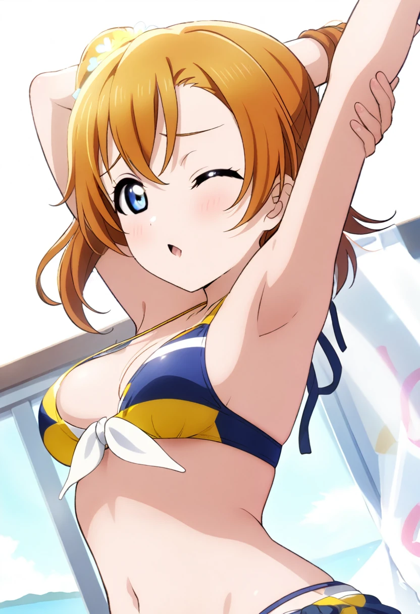 (masterpiece, best quality, highres), 1girl, medium hair, medium breasts, bikini, swimsuit, arms up, hands up, armpits, white background, id_honoka_kosaka