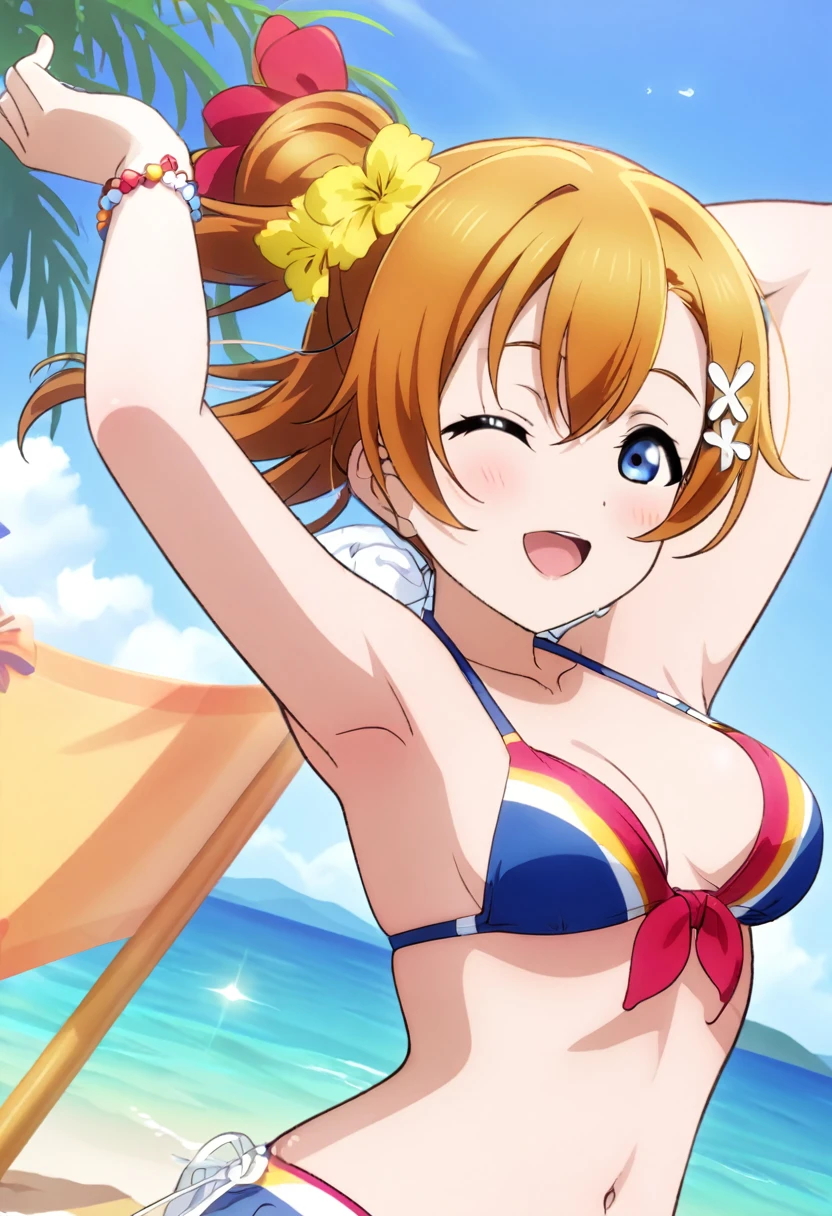 (masterpiece, best quality, highres), 1girl, medium hair, medium breasts, bikini, swimsuit, arms up, hands up, armpits, white background, id_honoka_kosaka