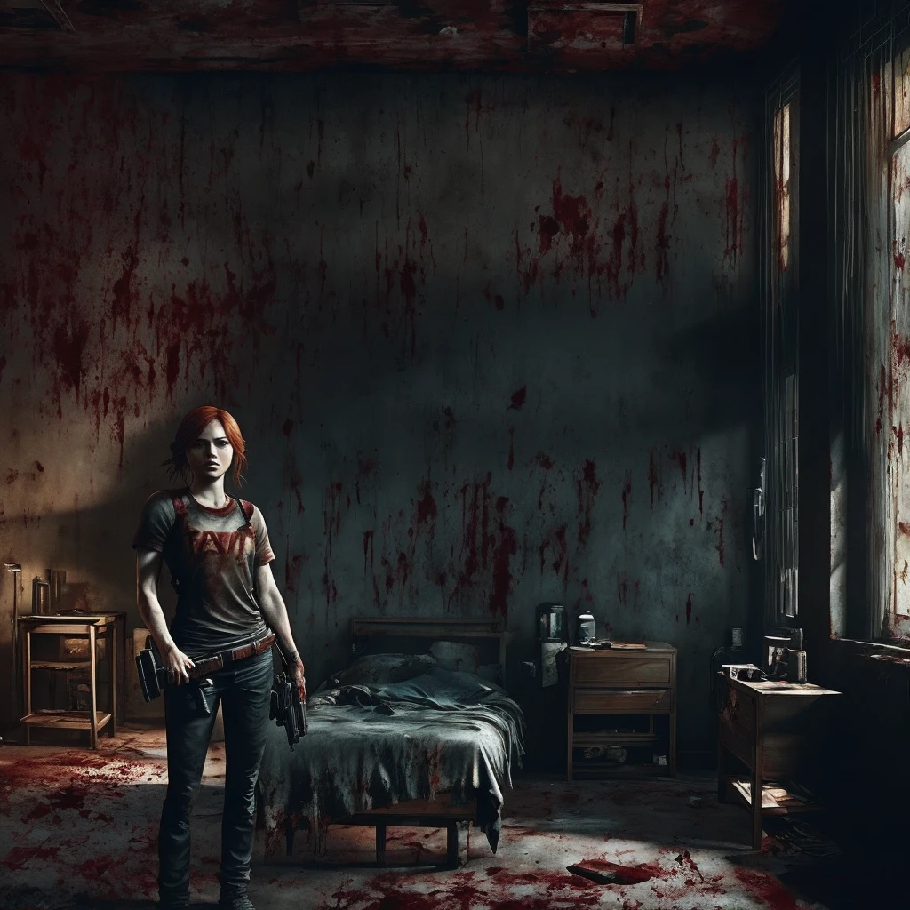 Create a red-haired woman,  with a black t-shirt while she's in a apartment hiding from the infected (with blood) in just t-shirt. The last of us part 1 theme. She's alone, and she has a gun on her hand. Marvel comic theme. 