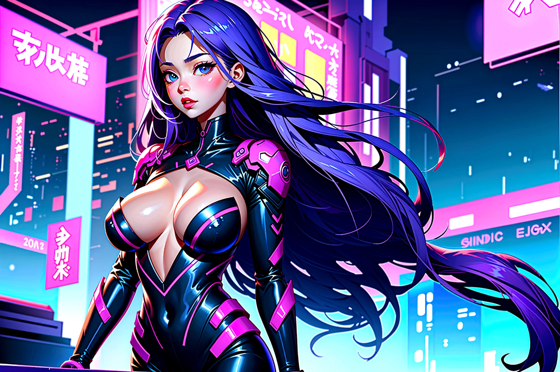 Midnight、Beautiful woman with long purple hair、超Big Breasts、Action Shots、Open chest、Big Breasts、Futuristic city with colorful neon lights