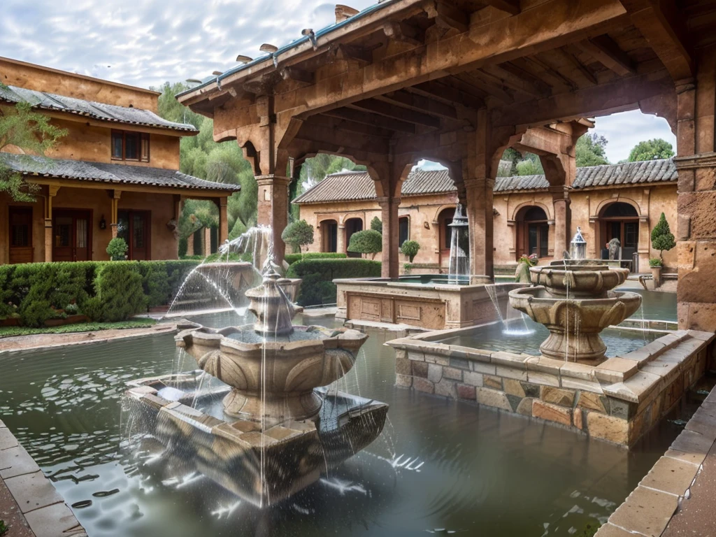 (((Masterpiece))), (high quality),(Small Western-style building,One-storey,Cobblestone garden),(Broken fountain,There is no water coming out:1.5),(There is no one here:1.2),(Long Shot,Photograph the entire Western-style building:1.5)