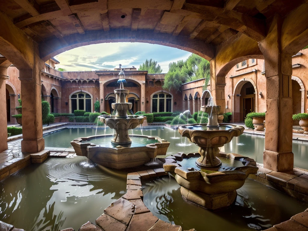 (((Masterpiece))), (high quality),(Small Western-style building,One-storey,Cobblestone garden),(Broken fountain,There is no water coming out:1.5),(There is no one here:1.2),(Long Shot,Photograph the entire Western-style building:1.5)