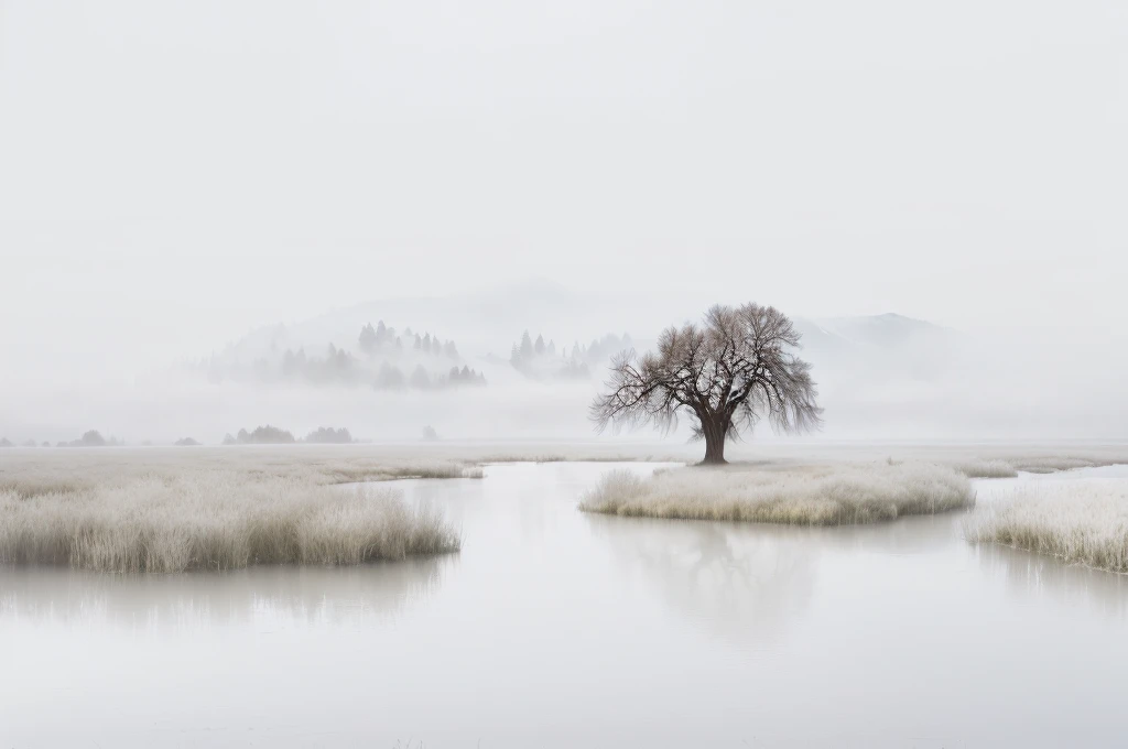 There is a lone tree in the middle of the lake, Ethereal Landscape, ethereal mist, mild mist, Very ethereal, Extremely ethereal, in a Tranquil scenery, Fine mist, shrouded in mist, Isolated on white, Tranquil scenery, Willows and Hills, veiled in mist, soft mist, in a misty pond, (mist), mist