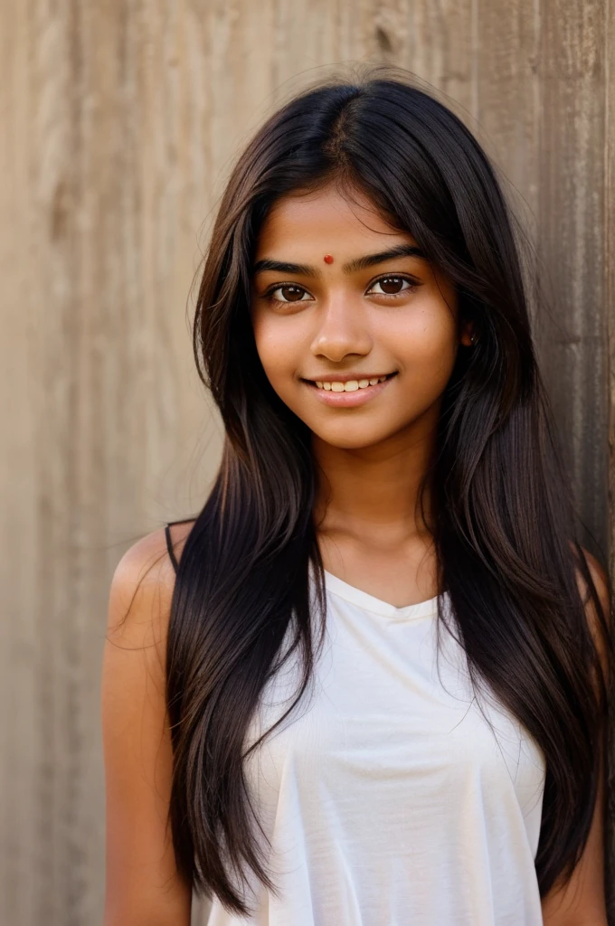 Generate an image of a 16-year-old Indian girl with a cute face. She should have long, dark hair, expressive brown eyes, and a friendly smile. Her skin tone should reflect the typical Indian complexion. The background should be simple and neutral to keep the focus on her face