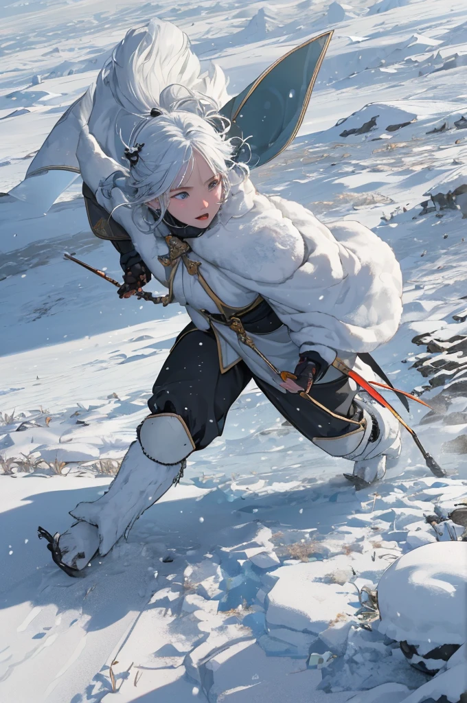 (masterpiece, highest quality), A group of villagers trudges across the desolate Arctic tundra, a harsh and unforgiving landscape stretched out before them. The ground beneath their feet is a patchwork of ice and snow, interspersed with patches of hardy, frost-bitten vegetation. The wind howls relentlessly, carrying with it fine, crystalline snow that stings their faces and makes their progress slow and arduous.