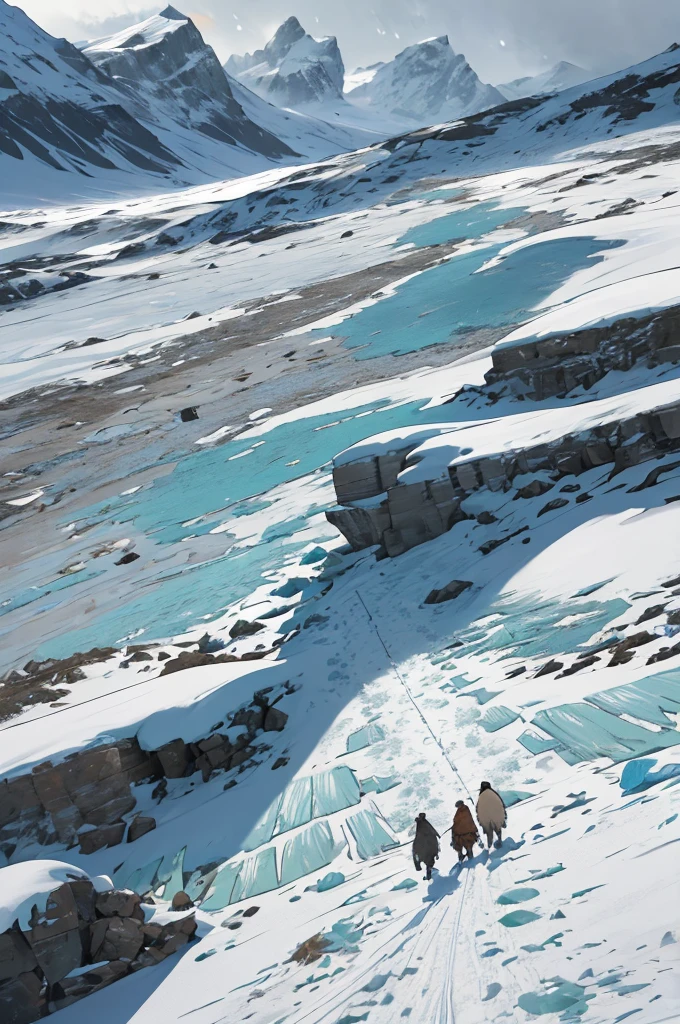 (masterpiece, highest quality), A group of villagers trudges across the desolate Arctic tundra, a harsh and unforgiving landscape stretched out before them. The ground beneath their feet is a patchwork of ice and snow, interspersed with patches of hardy, frost-bitten vegetation. The wind howls relentlessly, carrying with it fine, crystalline snow that stings their faces and makes their progress slow and arduous.