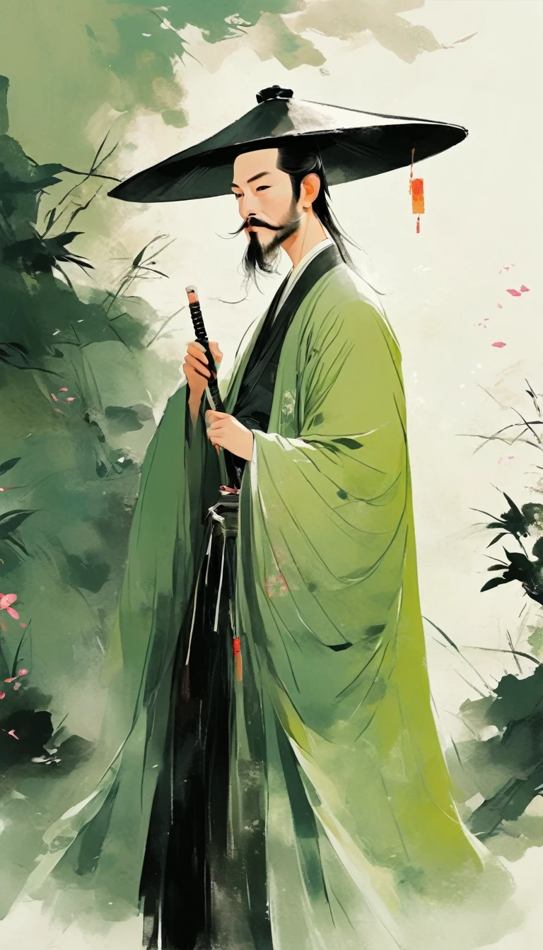 Chinese Posters, The illustration depicts a figure in a light green robe in the style of Chinese ink painting.、with a white beard、Man wearing black hat,Light pink background. simple line style,Flat design,Colorful cartoon characters. The main character has clear facial features,High contrast, Painted with bold strokes.