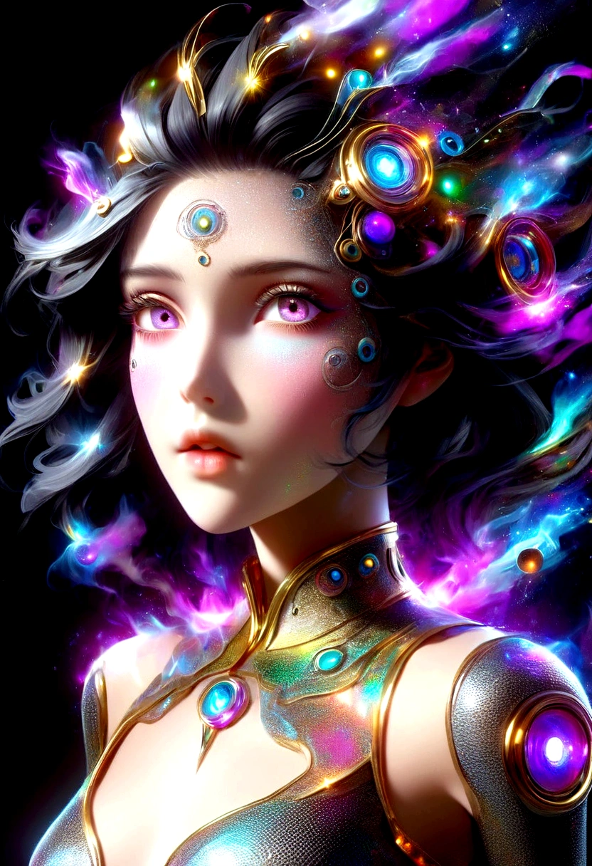 Photo of a very sexy slim techno party girl, ((Portrait)), ((Detailed face:1.2)), ((black hair: long and sleek)), ((Detailed facial features: expressive eyes, angular jawline, and full lips)), ((Finely detailed skin: radiant and smooth)), wearing revealing techno outfit, ((Bold colors: neon and metallic)), ((Realistic texture: shimmering and glossy)), ((Best Quality: 8K UHD, 30MP)), photographed using a Sony Alpha A7 Arabia 55mm lens, F/1.4, in a dimly lit, futuristic environment, with strobe lighting and smoke effects, using