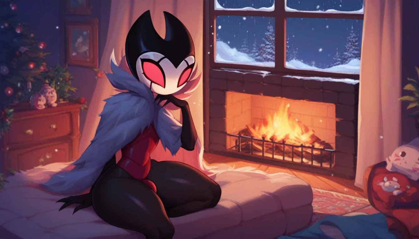 score_9, score_8_up, score_7_up, score_6_up, zPDXL2, grimm \(hollow knight\), vampire, bat, 1boy, solo, cute face, detailed eyes, thick thighs, anthro, thick ass, background, landscape, near a window, snow falling outside, living room, at night, near the fireplace, femboy, sleeping on the couch, covered by a sheet 