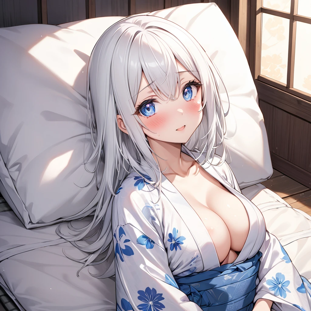 NSFW, white hair, blue eyes, medium straight hair, medium bust, heart-shaped eyes, adult female, solo, futon, open yukata