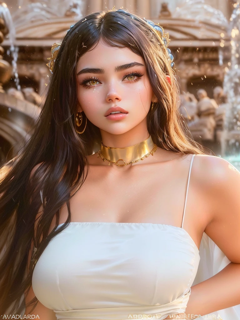 arafed woman in a white dress standing in front of a fountain, wearing gold detailed choker, portrait sophie mudd, madison beer girl portrait, gold choker, wearing a native american choker, madison beer, jeweled choker, soft devil queen madison beer, beautiful alluring , viktoria gavrilenko, wearing a gold chain, choker necklace, violet myers
