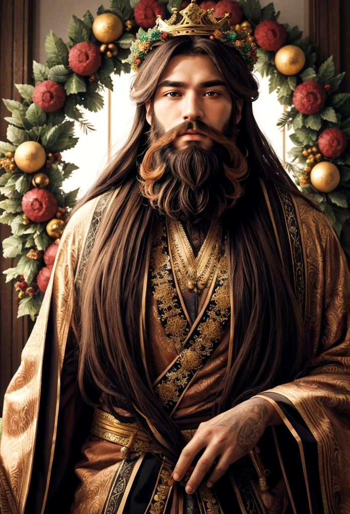 king, beard long hair, wreath