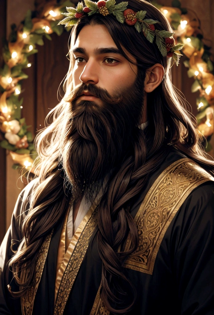 king, beard long hair, wreath