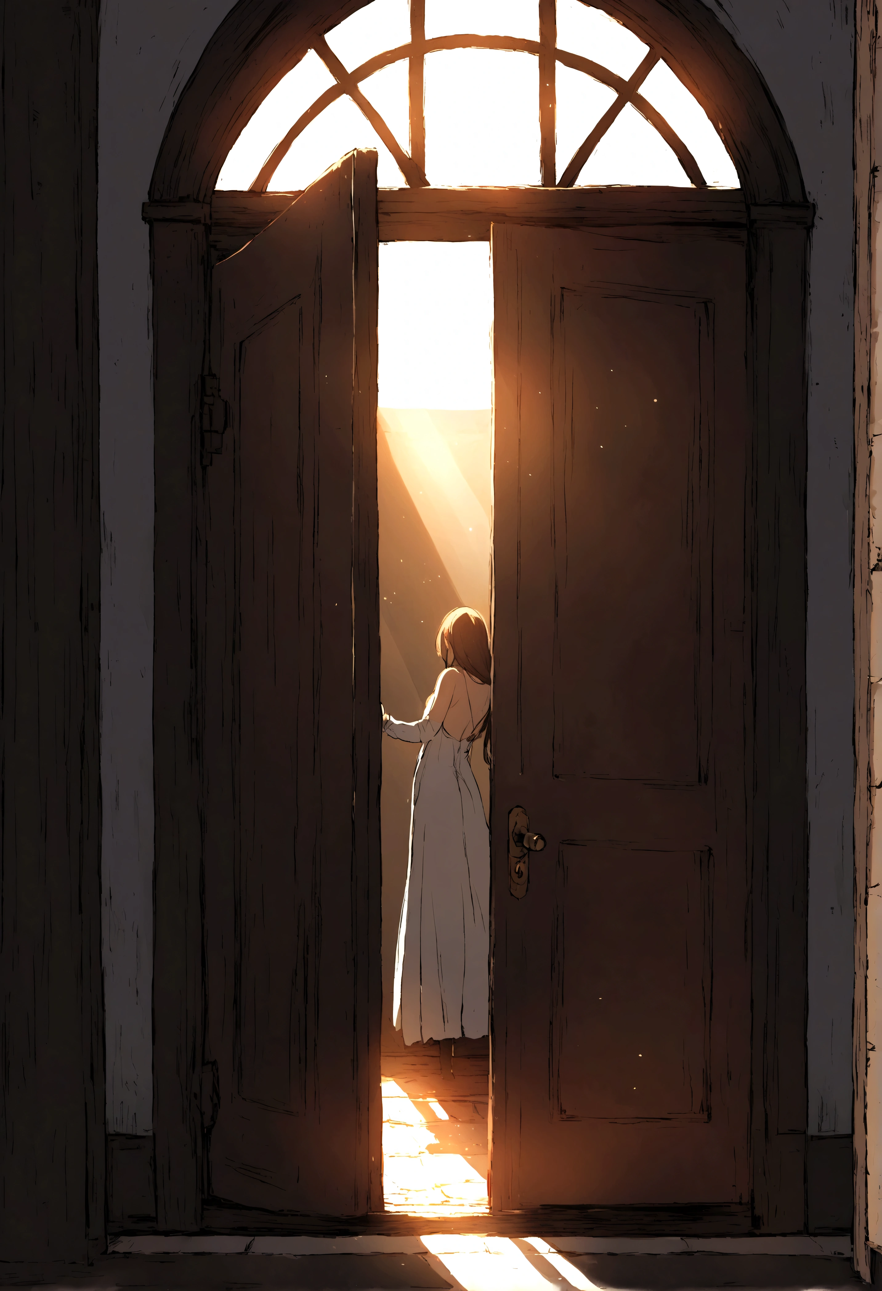 Passing by,Broken door frame,Push open the door,The sunlight shines into the dark room through the door