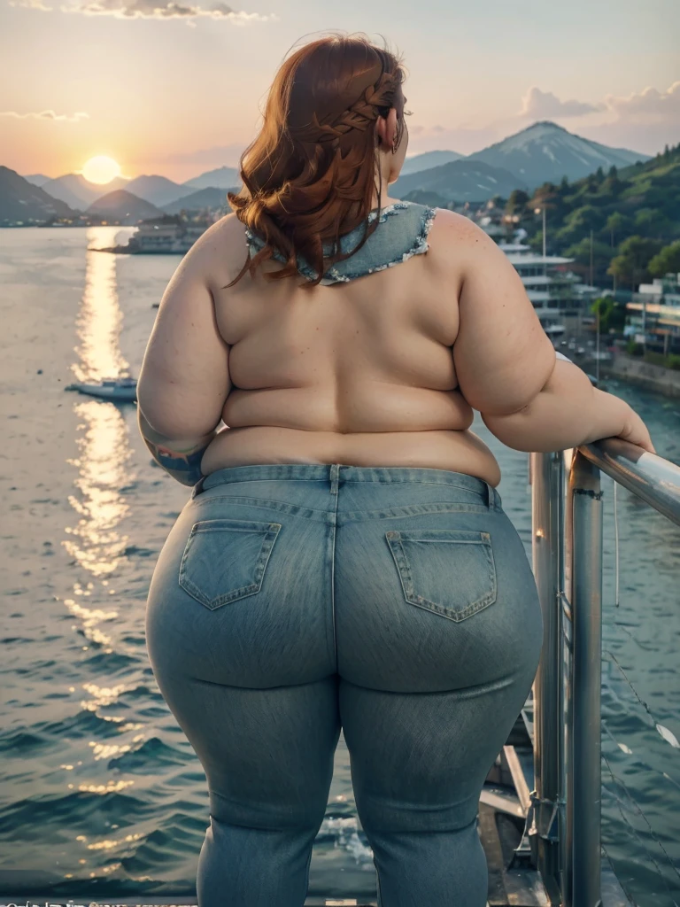 A backview photo of a Beautiful ginger SSBBW, with long wavy light Brownish-ginger hair, freckled body with big soft fat belly, thicc fat arms, thicc wide legs, small breasts, lot of freckles on arms, in tight short jeans and cute top standing on a cruise, crusie side next to a cruise fence on a vacation, looking to the water in a lake watching the sunset behind the hills
