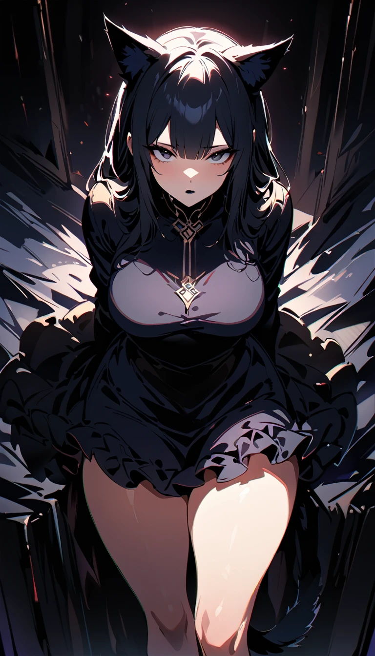 (high quality, 8k, 4K, high contrast, artwork:1.2, high quality, best aesthetics), ((1 woman)), erotic, sensual, mature body, super detailed, beautiful face detailed, beautiful eyes detailed, detailed beautiful mouth, perfect breasts, wide thighs, sexy body, (long straight black hair), (black eyes), (black lipstick), (black eyeliner), (black eyeshadow), (calm expression), (penetrating gaze), (black cat ears), (black cat tail), (short black dress with short ruffled skirt and long sleeves), (centered), (looking at viewer), (standing), (hands hidden behind the back)