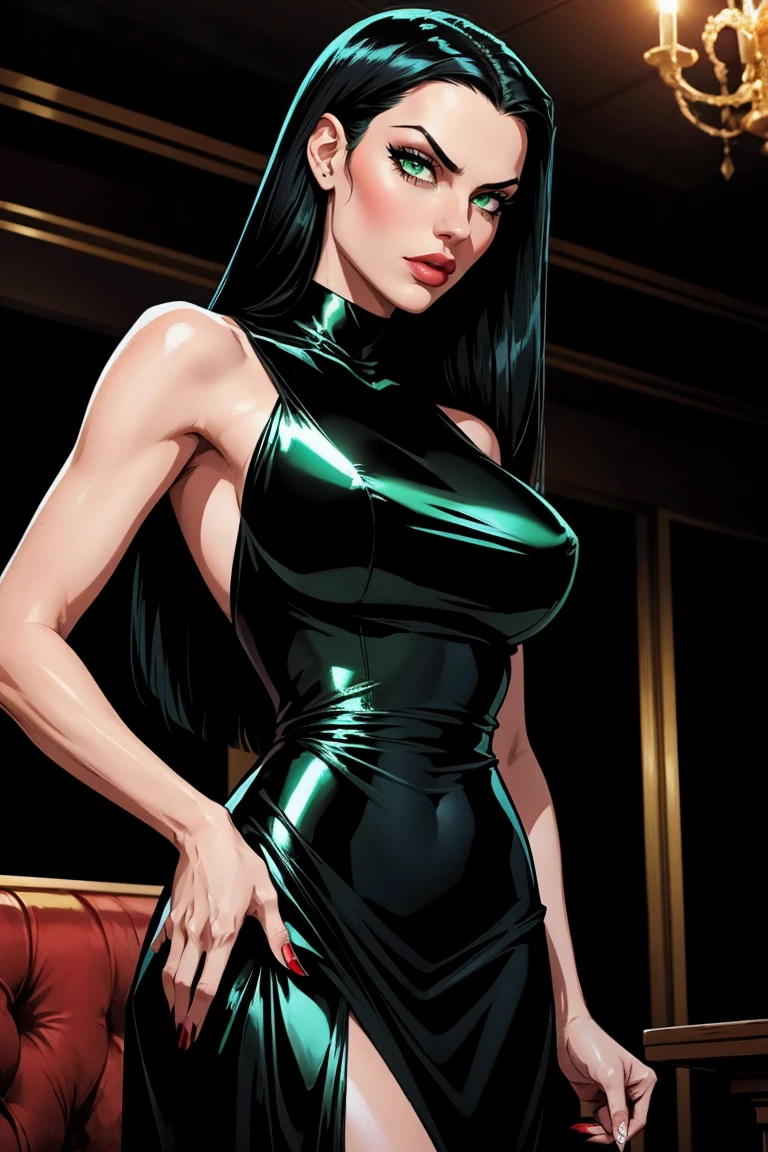 A girl, jet-black hair, straight hair, green eyes, mobster, bad look, mafia style, shiny dress  , best quality, masterpiece. 