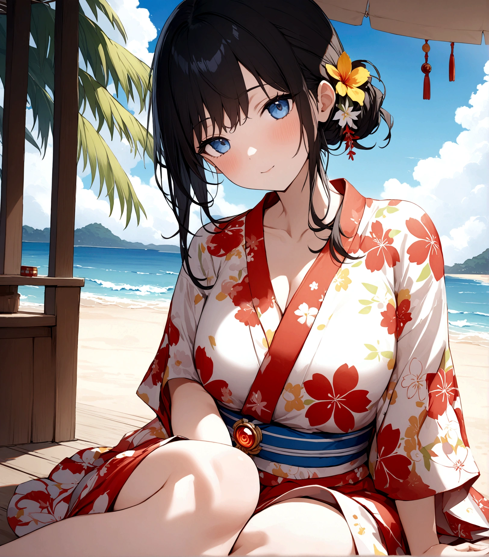 girl in japanese costume sitting on ledge of small beach, holding hands on her knees, 1girl, japanese clothes, solo, hair ornament, kimono, flower, hair flower, black hair, breasts, sitting, blue kimono, looking at viewer, sash, blush, obi, outdoors, off shoulder, thighs, smile, beach, hair bun, bangs, cleavage, collarbone, bare shoulders, small breasts , (best quality, masterpiece, ultra-detailed, illustration),(8K wallpaper),(beautiful detailed eyes), beautiful, amazing, detailed eyes, (detailed skin