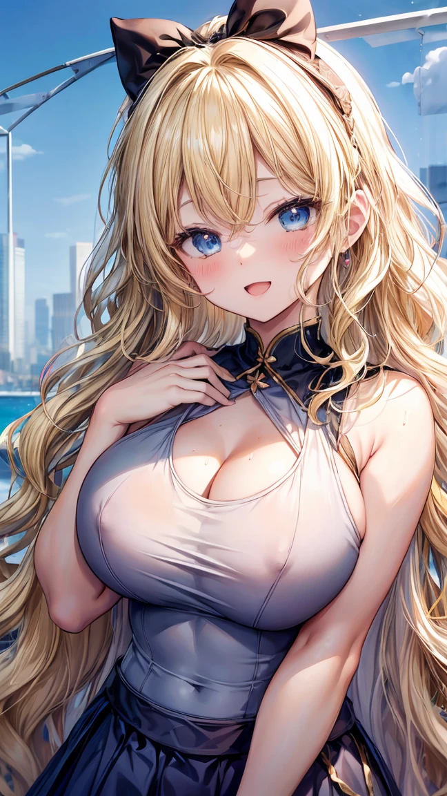 Very detailed、best quality、Best image quality、masterpiece、8K、Anime Face、A kind smile、open mouth、Sparkling blue eyes、(Blonde wavy hair:1.5)、Hands on hipini skirt、camisole，Snow white skin（10.0） Large Breasts（10.0）16K（10.0）， Ultra-clear（10.0） 最高品质 masterpiece