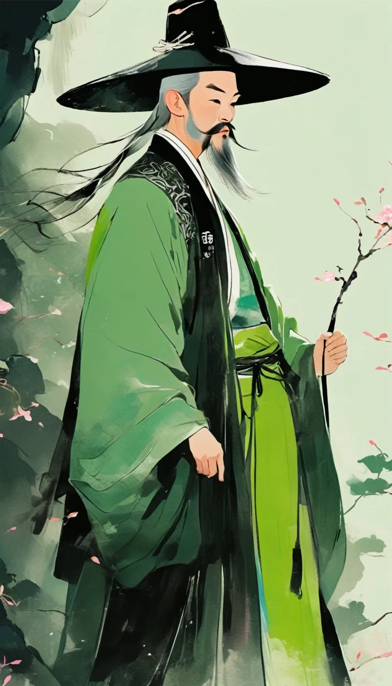 Chinese Posters, The illustration depicts a figure in a light green robe in the style of Chinese ink painting.、with a white beard、Man wearing black hat,Light pink background. simple line style,Flat design,Colorful cartoon characters. The main character has clear facial features,High contrast, Painted with bold strokes.