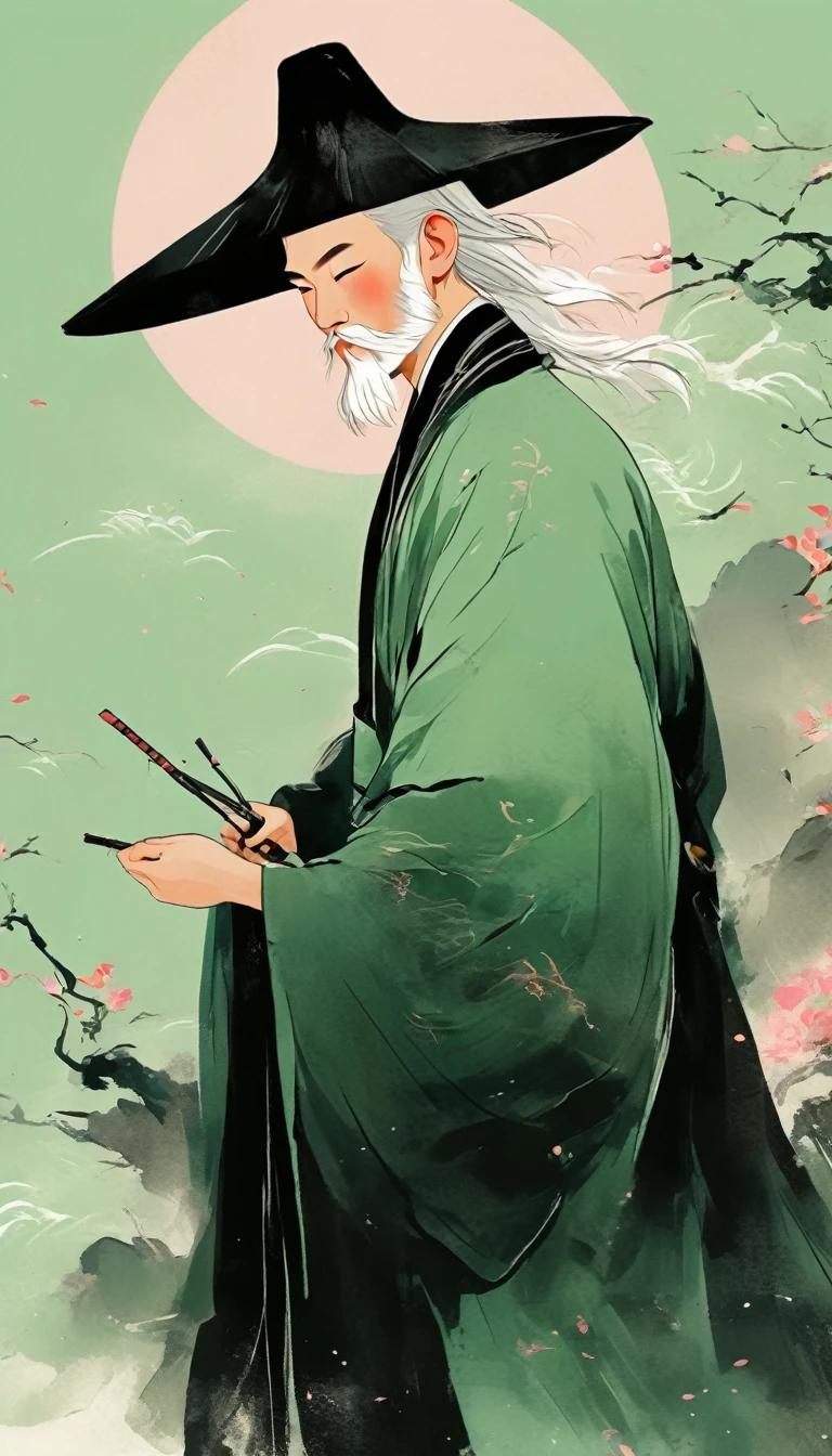 Chinese Posters, The illustration depicts a figure in a light green robe in the style of Chinese ink painting.、with a white beard、Man wearing black hat，Light pink background. simple line style，Flat design，Colorful cartoon characters. The main character has clear facial features，High contrast, Painted with bold strokes.