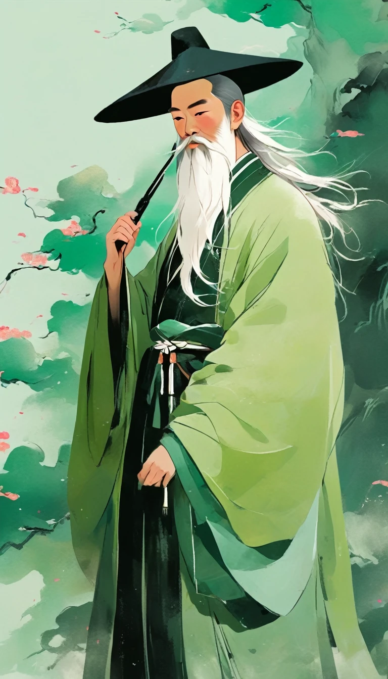 Chinese Posters, The illustration depicts a figure in a light green robe in the style of Chinese ink painting.、with a white beard、Man wearing black hat，Light pink background. simple line style，Flat design，Colorful cartoon characters. The main character has clear facial features，High contrast, Painted with bold strokes.