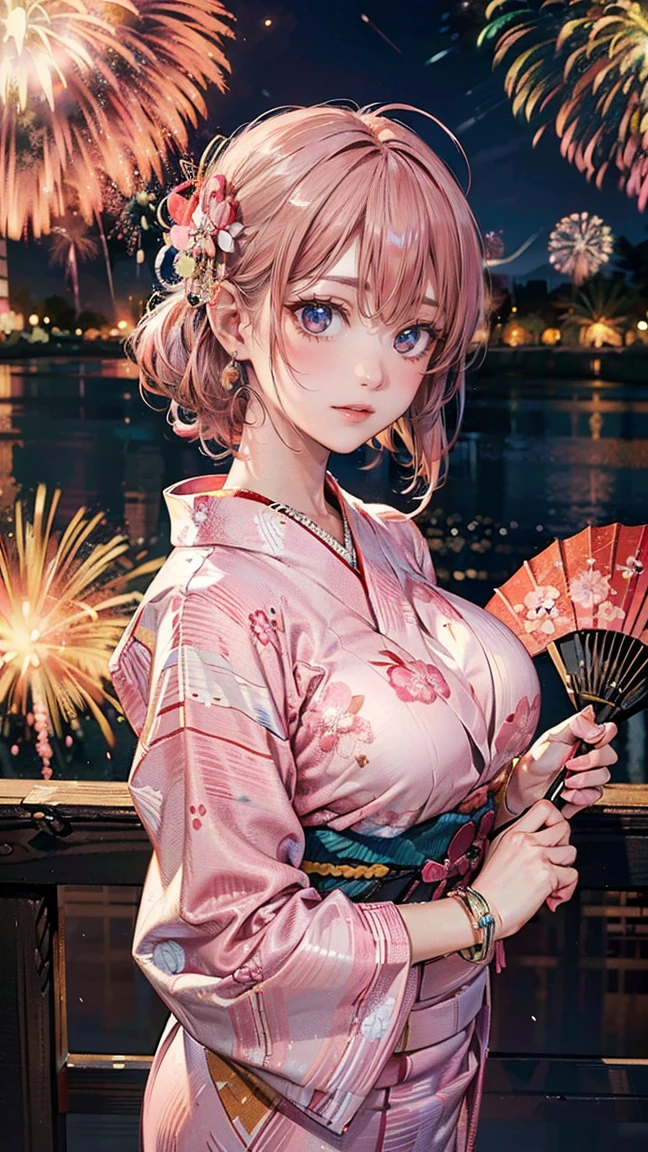 (Masterpiece, BestQuality:1.3), (ultra detailed:1.2), (hyperrealistic:1.3), (RAW photo:1.2), High detail RAW color photo, professional photograph, (Photorealistic:1.4), (realistic:1.4), professional lighting, perfect anatomy, (Big Breasts:1.2), (blush, detailed face), (cheerful Smile:1.5), (Pink Hair:1.5), Trending Hair&Trending Hairカラーをランダムに, earrings, necklace, bracelet, sexly, erotic sexly, Random sexy gravure poses, (Woman in yukata、The background is a fireworks display、Adorable smile、Upstyle、Turning around with a folding fan: 1.3)