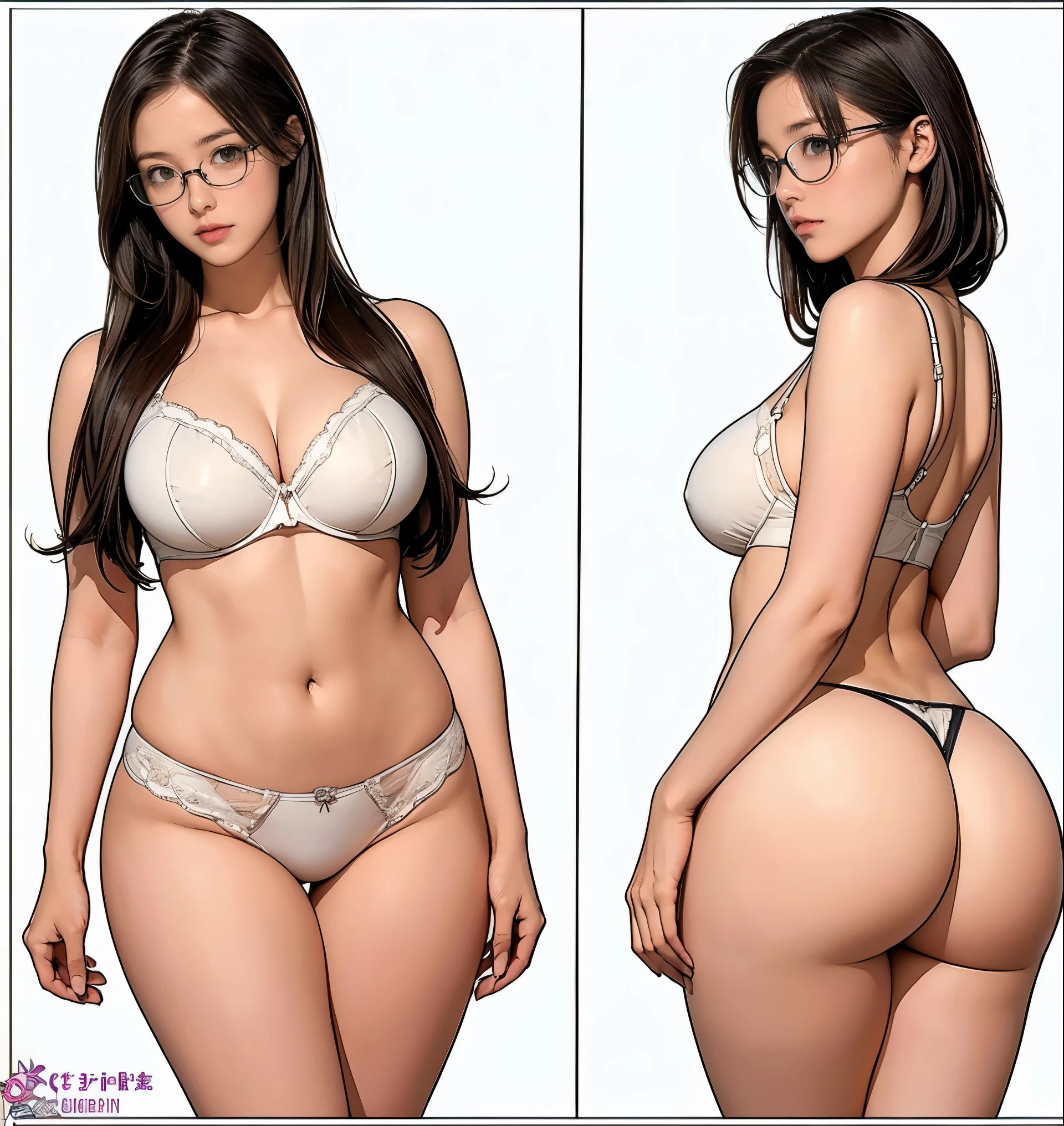 ((masterpiece)),(((highest quality))),((Reference Sheet, Character Design, in front, looking at the viewer , girl with glasses nude, ~ ~ side, Mr..々Hairstyle, Mr..々Performance, Facial Expressions)), 30-year-old girl in panties white, Cute type, (curvy:1.4), (normal ass:1.4), Realistic buttocks, Big Breasts, big , normal thighs, Long legs, It's not a big deal, ((High quality fabric, topples, no panties )), ((bra:1.0)) en una oficina escolar