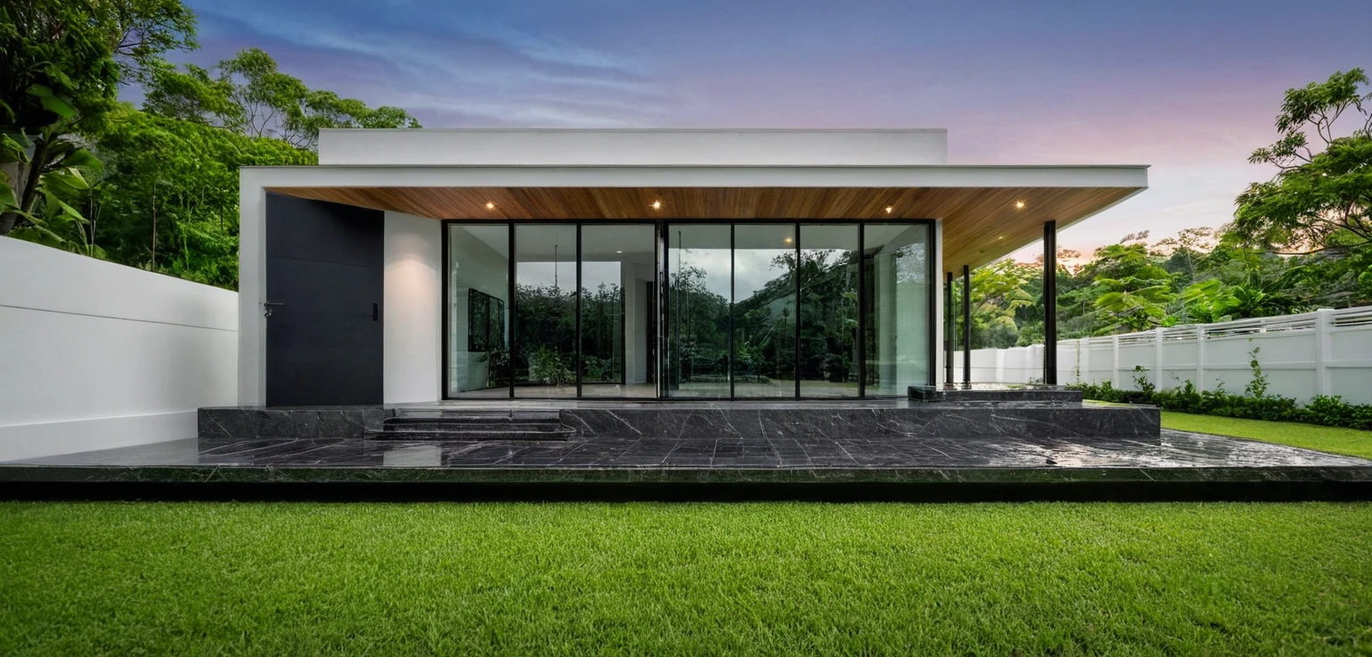 masterpiece, best quality, exterior design, (sunset), single 1 storie modern house on the Vietnam village, marble, steel, modern dark tiled granite and white walls facade, wooden ceiling, large glass, minimalist modern style, green shrubs and tropical tree background, large door and windows.
