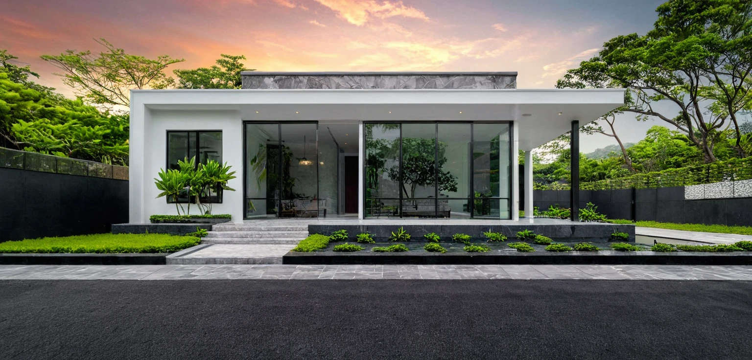 masterpiece, best quality, exterior design, (sunset), single 1 storie modern house on the Vietnam village, marble, steel, modern dark tiled granite and white walls facade, wooden ceiling, large glass, minimalist modern style, green shrubs and tropical tree background, large door and windows.
